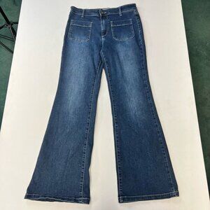 Falls Creek Womens Flare Jeans Blue Stretch Patch Packets Stone Wash Mid Rise 8